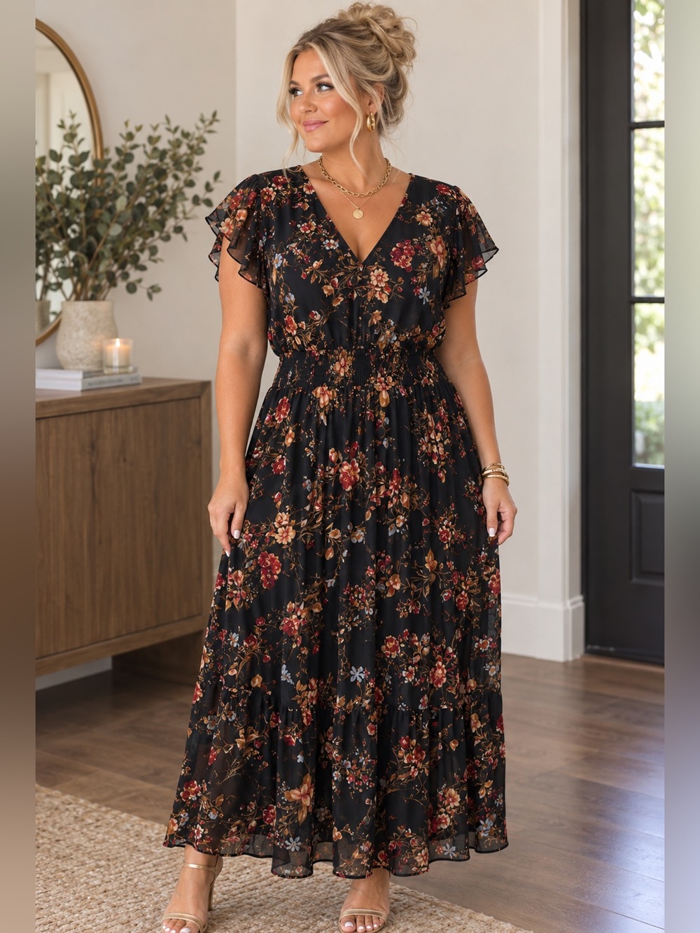 🍂 Black Fall Floral V‑Neck Smocked Waist Maxi Dress- 1x